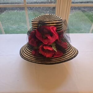 Striped Straw Derby Hat with Red Flower Accent